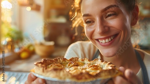 A woman is enjoying a piece of freshly baked pie on a tartan plate, savoring the flaky crust and tasty filling as she chews with satisfaction AIG50