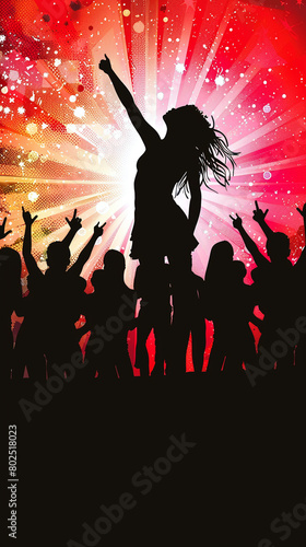 illustration of people dancing in the nightclub as silhouette in front of party rays