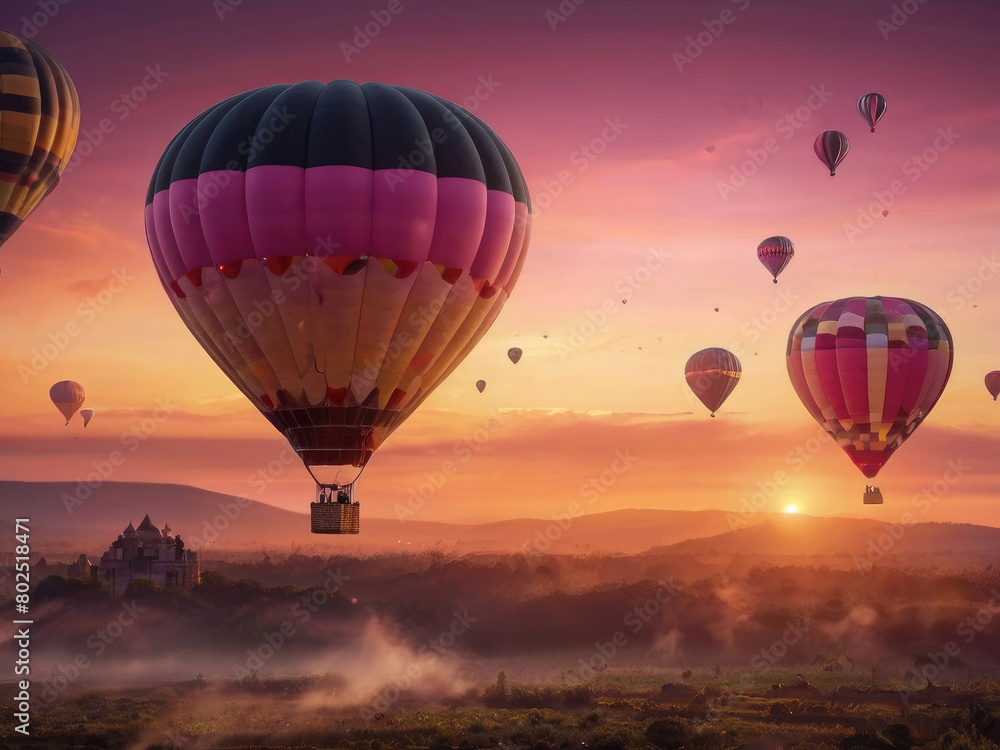 Naklejka premium Colorful air balloons flying over fields.
