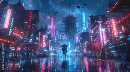 Cyberpunk temple  japanese abstract illustration  futuristic city  dystoptic artwork at night  4k wallpaper. Rain moody empty future.