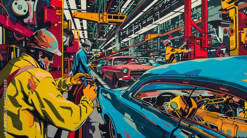 Assembly Line Symphony: A vibrant portrayal of the orchestrated chaos of a car assembly line, with workers bustling in unison.