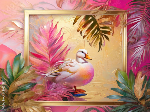 Abstract background with colorful leaves and exotic bird.