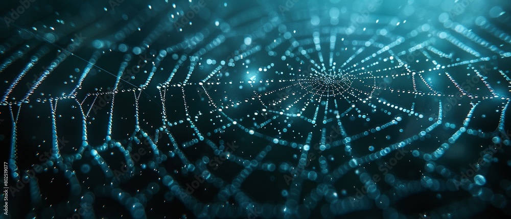 Naklejka premium spider web glistens with dew against a mysterious, dark and empty background , close up