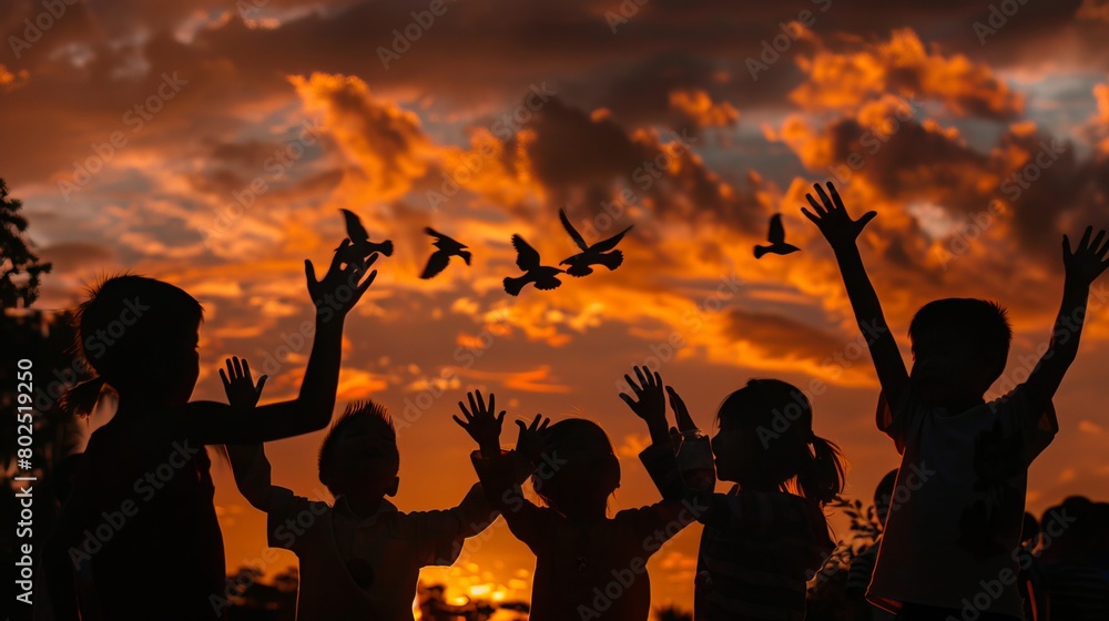 Celestial Symphony of Shadows: A silhouette of children making hand puppets against a sunset sky.