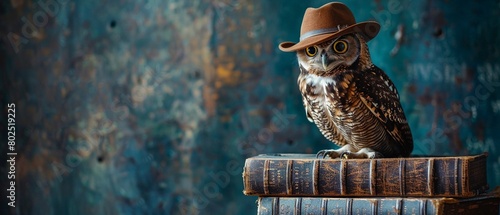 A majestic owl perched on a stack of antique leatherbound books, wearing a charming vintage hat against a dark backdrop , pastel photo