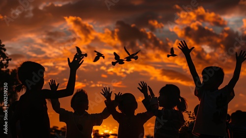 Celestial Symphony of Shadows: A silhouette of children making hand puppets against a sunset sky. photo