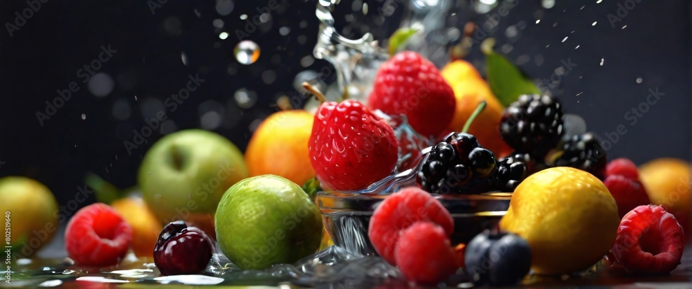 water splashing onto mixed fruit, in the style of gray background and colorful fruits water splashing onto mixed fruit, in the style of gray background and colorful fruits