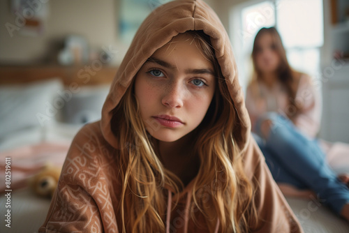 Young Girl in a Hooded Robe With a Friend in the Background at Home