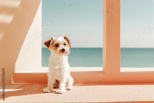 Cute puppy sitting in front of large window with a sea view, pastel colros photo