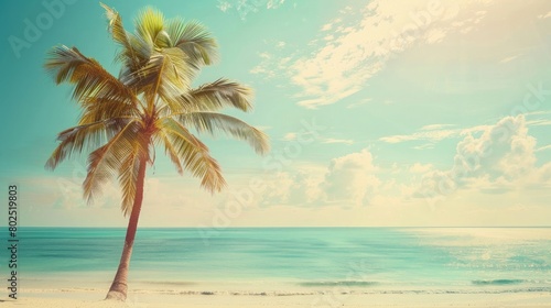 Coconut palm tree on tropical beach in summer - vintage colour effect. Beautiful simple AI generated image in 4K  unique.