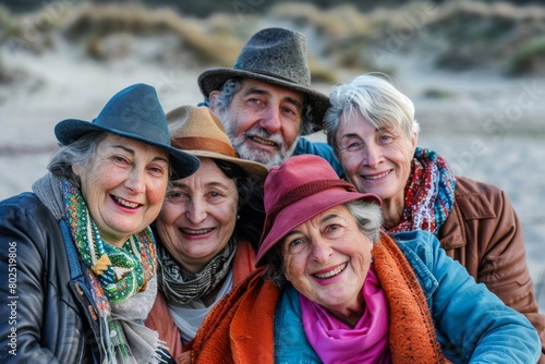 Group of happy senior friends on the beach, wearing hats and scarves