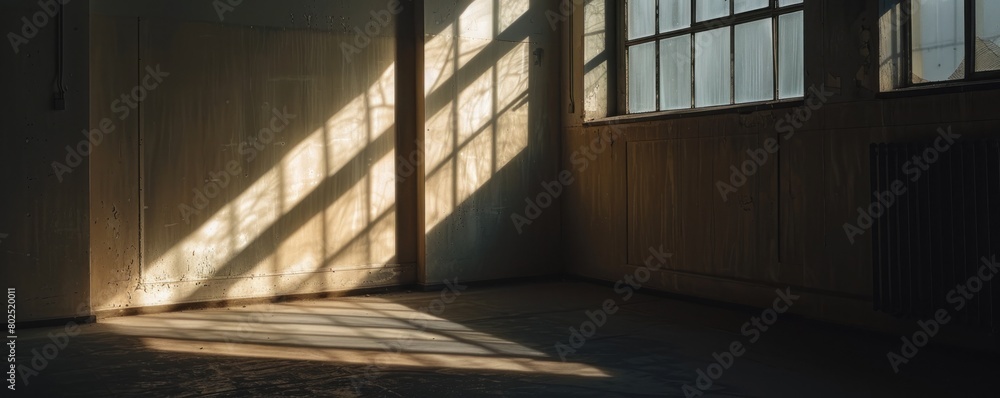 Obraz premium An empty room exposed to sunlight through a window with a wooden floor