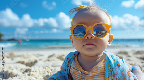 Adorable Baby Girl in Yellow Sunglasses on Sunny Beach Day © Kiss
