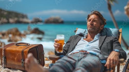 close-up of a successful hierarchic employee or business owner in formal suit, relaxing on the beach with a beer, just went on vacation, summertime