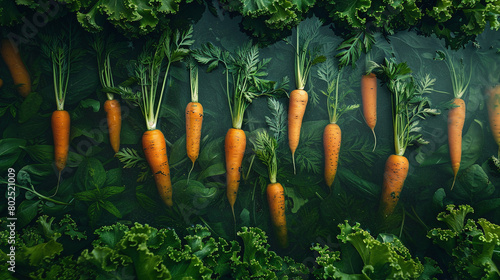 Fresh Carrots with Greens on Dark Earthy Background in Garden