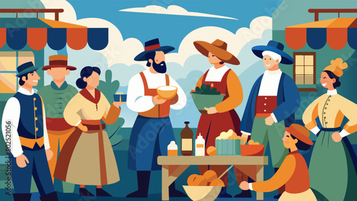 A lively and historically accurate colonial market scene with actors dressed as merchants selling goods and engaging in lively trade.. Vector illustration