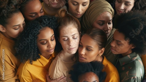 Diverse group of people embracing in unity - equity and inclusion poster design. Beautiful simple AI generated image in 4K, unique.