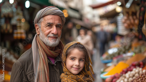 Elderly Man and Young Girl Smiling at Market with Fresh Produce in Background © Kiss