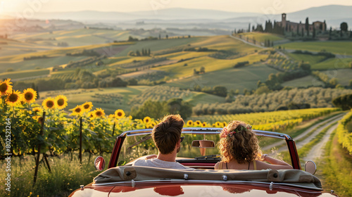 Romantic Sunset Drive Through Sunflower Fields in Red Convertible Car
