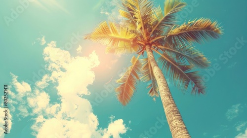 Coconut palm tree sunlight in summer - clouds with blue sky background. Vintage color tone effect. Beautiful simple AI generated image in 4K, unique. © Ahtesham