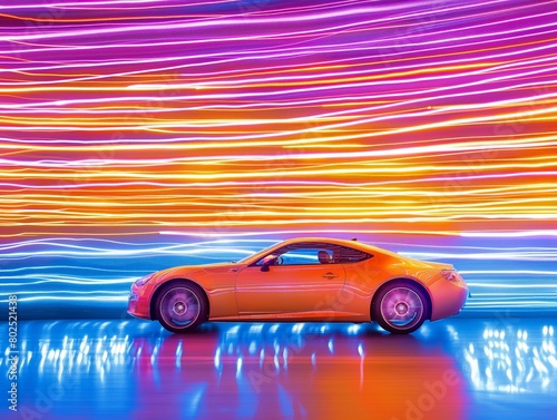 A vibrant image capturing the motion of a bright orange sports car against dynamic neon light trails.