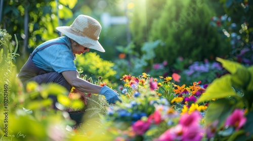 Person in sun hat gardens with trowel, colorful flowers around. Early morning brings person to garden, vibrant flowers in bloom. photo