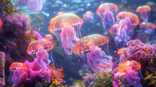 Vibrant Pink Jellyfish Swimming in a Coral Reef Underwater Scene © Kiss