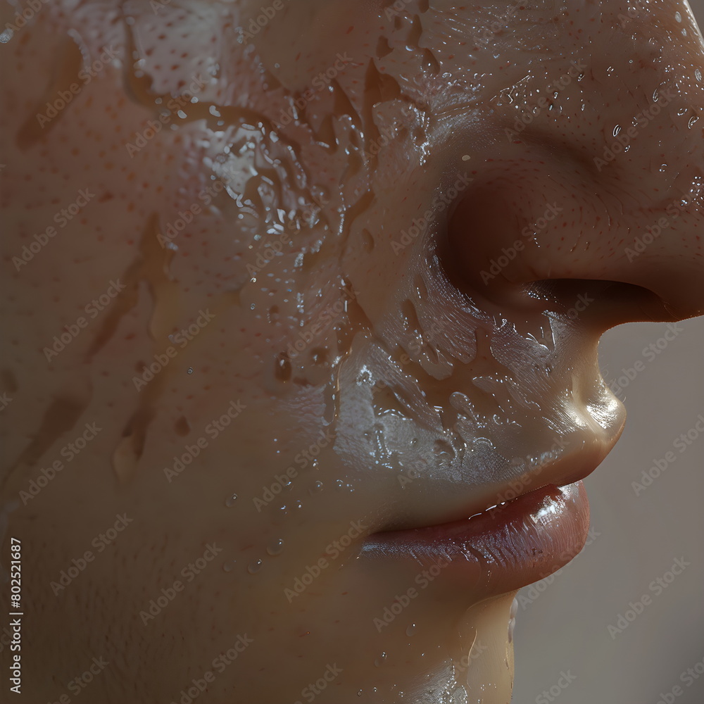 Fototapeta premium Close-up of facial skin, pores and irregularities on the surface, facial skin of a young European man, water drops after washing, visible nose and lips, profile shot, 3D rendering