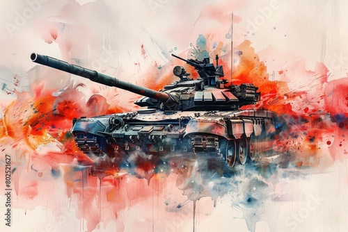 NATO history watercolor paint Illustration. Military Modern tank watercolor Illustration. Military armored vehicle.