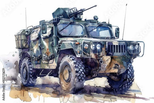 NATO military vehicle watercolor paint Illustration. Military armored vehicle for infantry and special operations