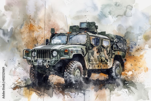 NATO Military armored vehicle for infantry and special operations. Military vehicle watercolor paint Illustration.