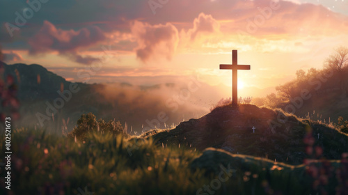 Obraz na płótnie A christian cross on top of a hill during sunset w salonie