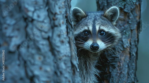 Curious Raccoon Peeking Between Tree Trunks in Moody Blue Forest Light photo