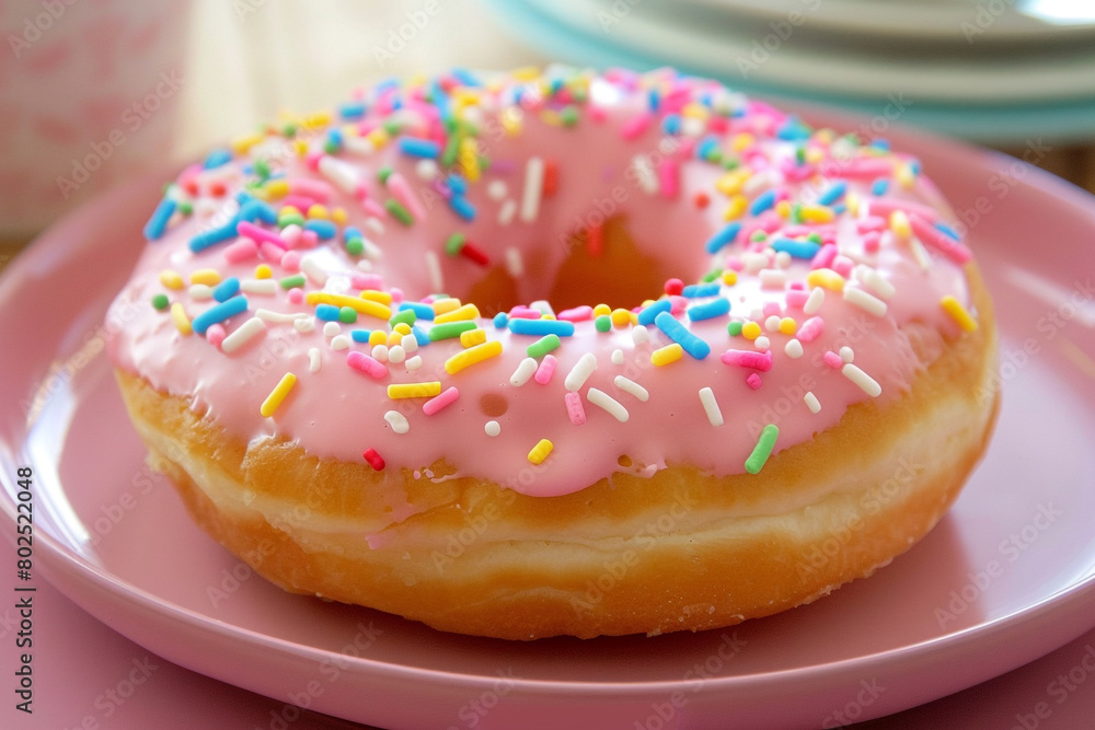 A pink donut with pink frosting and colorful sprinkles on a pink plate. A pink donut with pink frosting and colorful sprinkles on a pink plate.