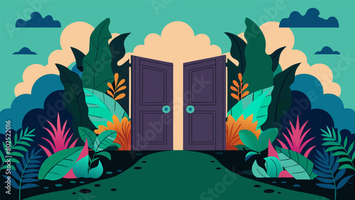 A pair of ornate steel doors opening to a vast open space with a wild trippy jungle designed to unleash ones primal inner self during therapy..