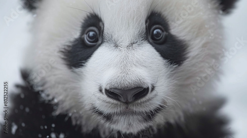 Close Up View of a Young Panda Face in Snow Showing Black and White Fur