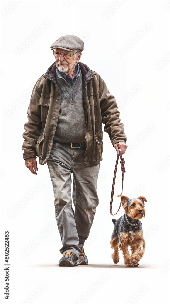 Full-Body Portrait of an Elderly Man Walking a Dog