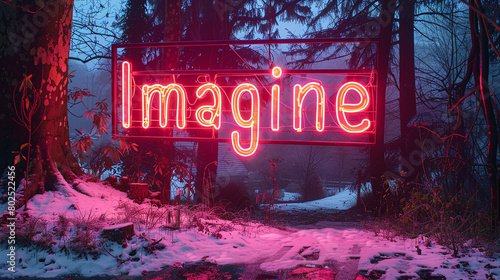 Neon Imagine Sign in Snowy Forest at Twilight with Vivid Colors