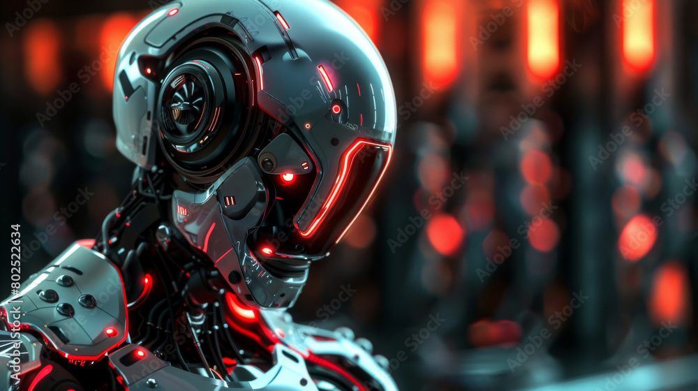 A side on portrait of a futuristic robot cyborg head with red bokeh background
