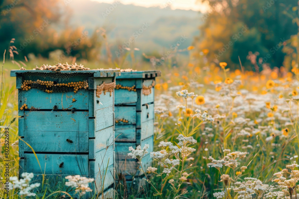Beehives, wooden blue houses for bees on a flower meadow, background with copy space Beehives, wooden blue houses for bees on a flower meadow, background with copy space