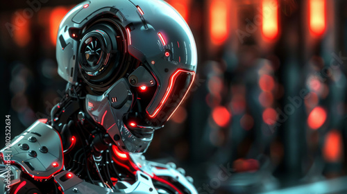 Obraz na płótnie A side on portrait of a futuristic robot cyborg head with red bokeh background w salonie