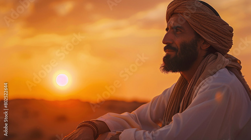 Serene Sunset Contemplation Man in Traditional Turban Desert Scene