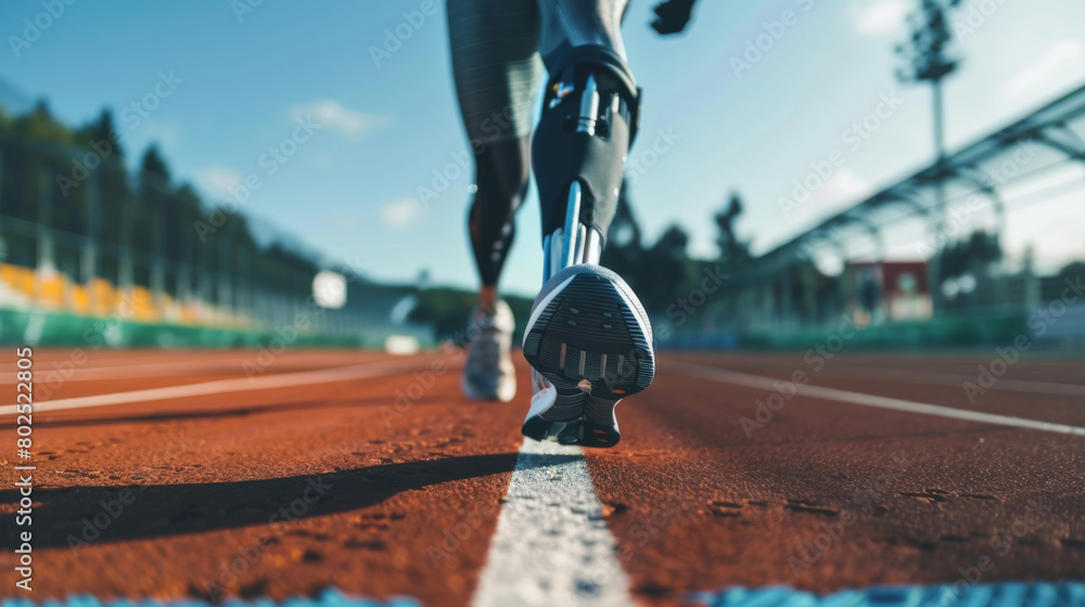 Low down shot of an athlete with a bionic leg on a race track