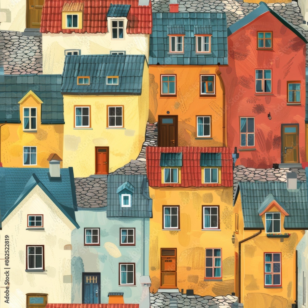 Seamless Pattern of Cobblestone Streets with Colorful Houses

