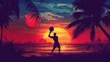 Beach volleyball man player sunset background concept