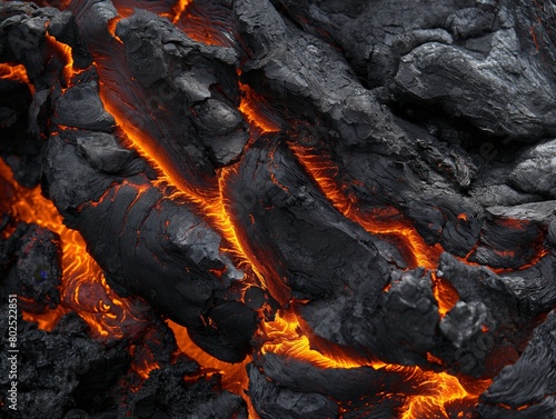 Close-up of glowing lava between cracks of cooling volcanic rock.