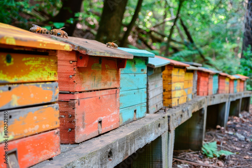 Wallpaper Mural Beehives, apiary made of wooden colorful houses for bees, background with copy space Torontodigital.ca