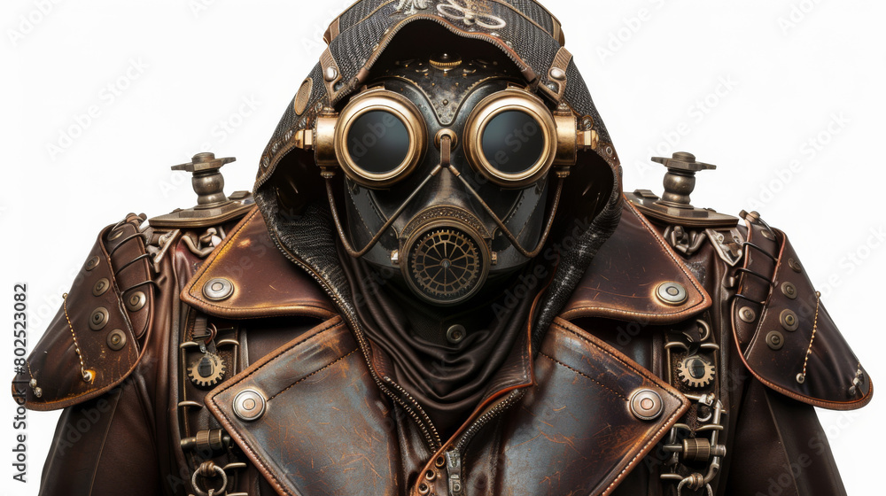 Fototapeta premium A dystopian steampunk machine costume with a brown leather jacket, mask and goggles isolated on a white background