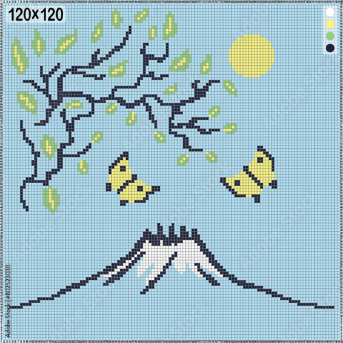 Pattern for cross stitch or knitting - summer landscape with Fuji and tree branch vector image