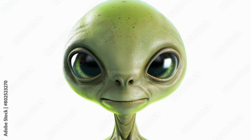 A fun green alien in a 3d cartoonish style, portrait isolated on a white background